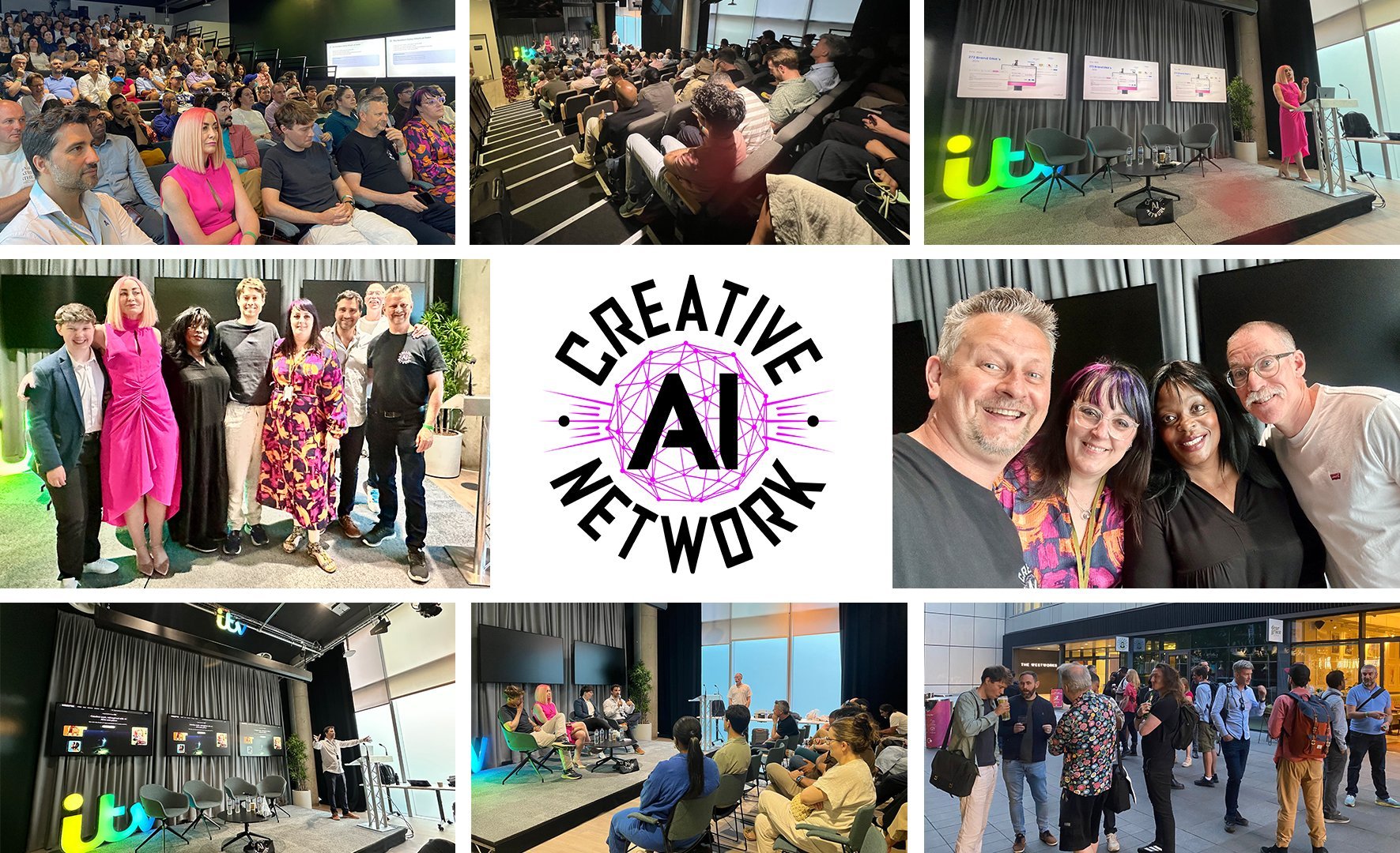A montage of Creative AI Network meet-ups, screenings, and panels at ITV and other London venues