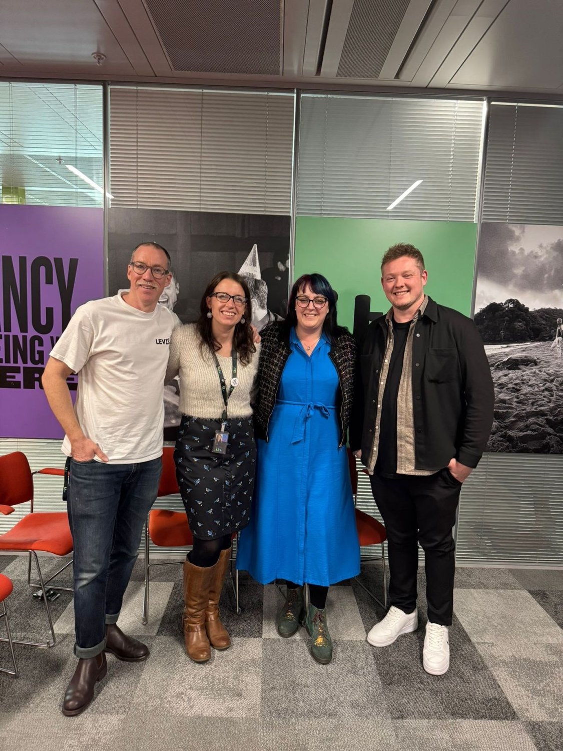 Petra and Tom Paton with hosts at ITV after a panel on AI in production